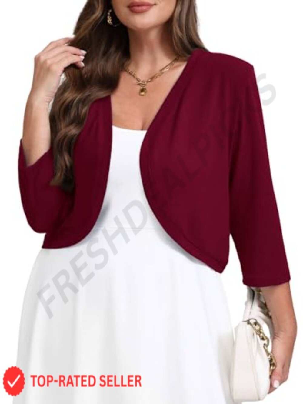 Plus Size Lightweight Open Front Knit Cropped Bolero Shrug Cardigan 3/4 Sleeve